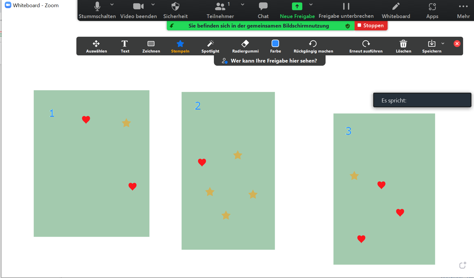 Ansicht eines Whiteboards, geteilt über Zoom. Darauf zu sehen sind drei Felder, bestückt mit verschiedenen Stempeln.