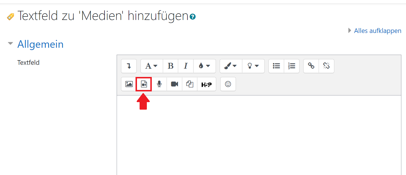 Screenshot der Moodleaktivität "Textfeld" mit Kennzeichnung des Buttons "Audio/Videodatei einfügen oder bearbeiten"